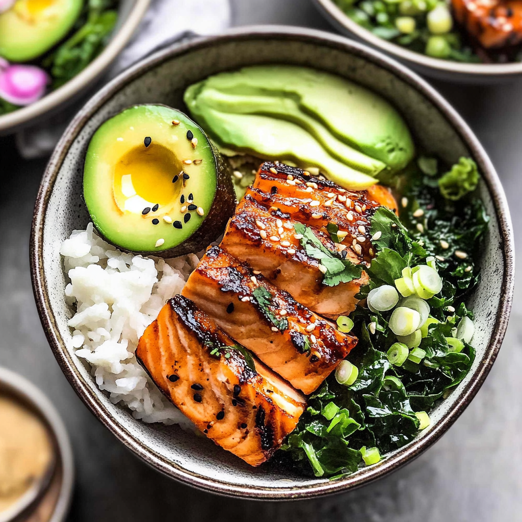Recipe preparation for Grilled Salmon Bowl with Garlicky Kale