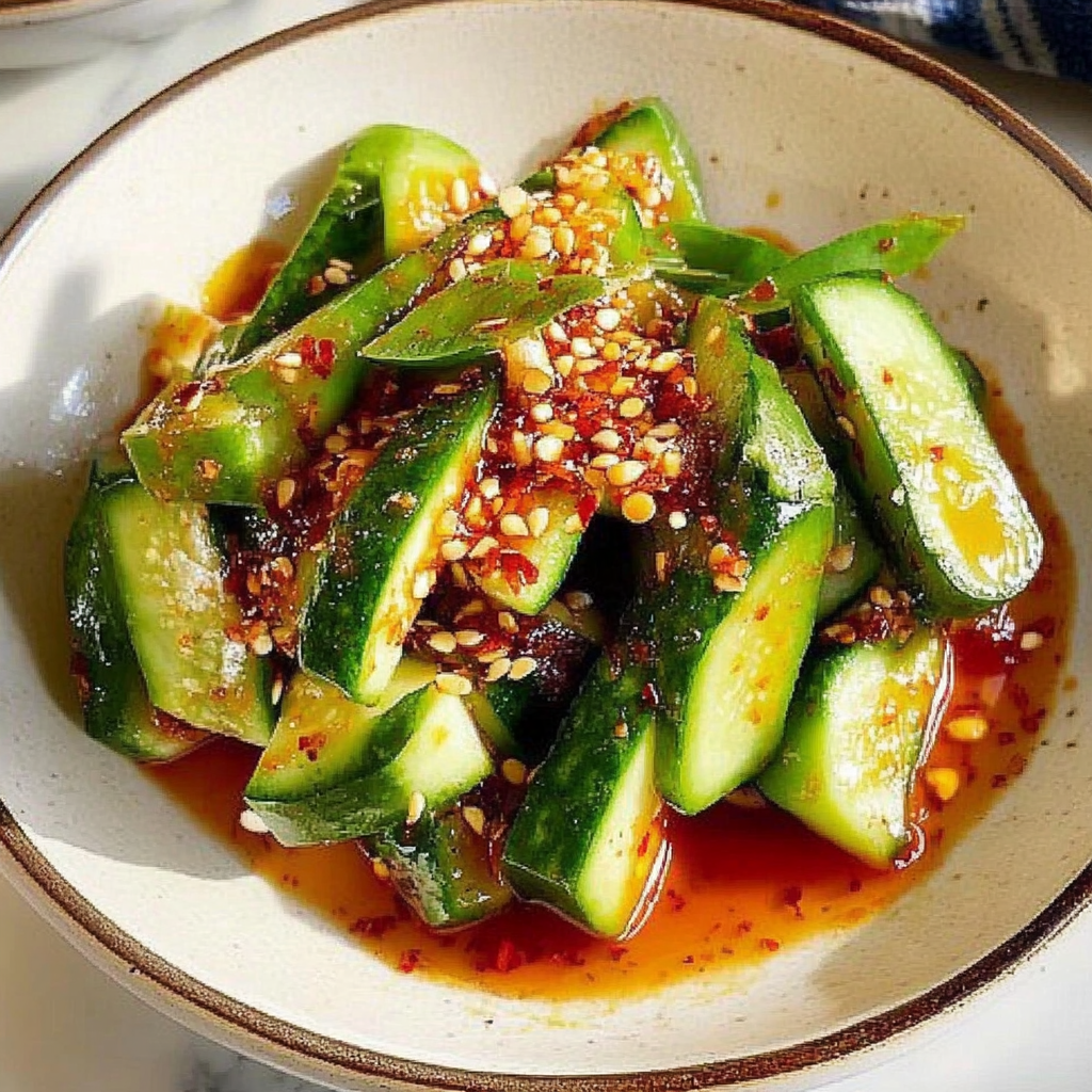 Recipe preparation for Sichuan-Style Smashed Cucumber Salad with Chili Oil
