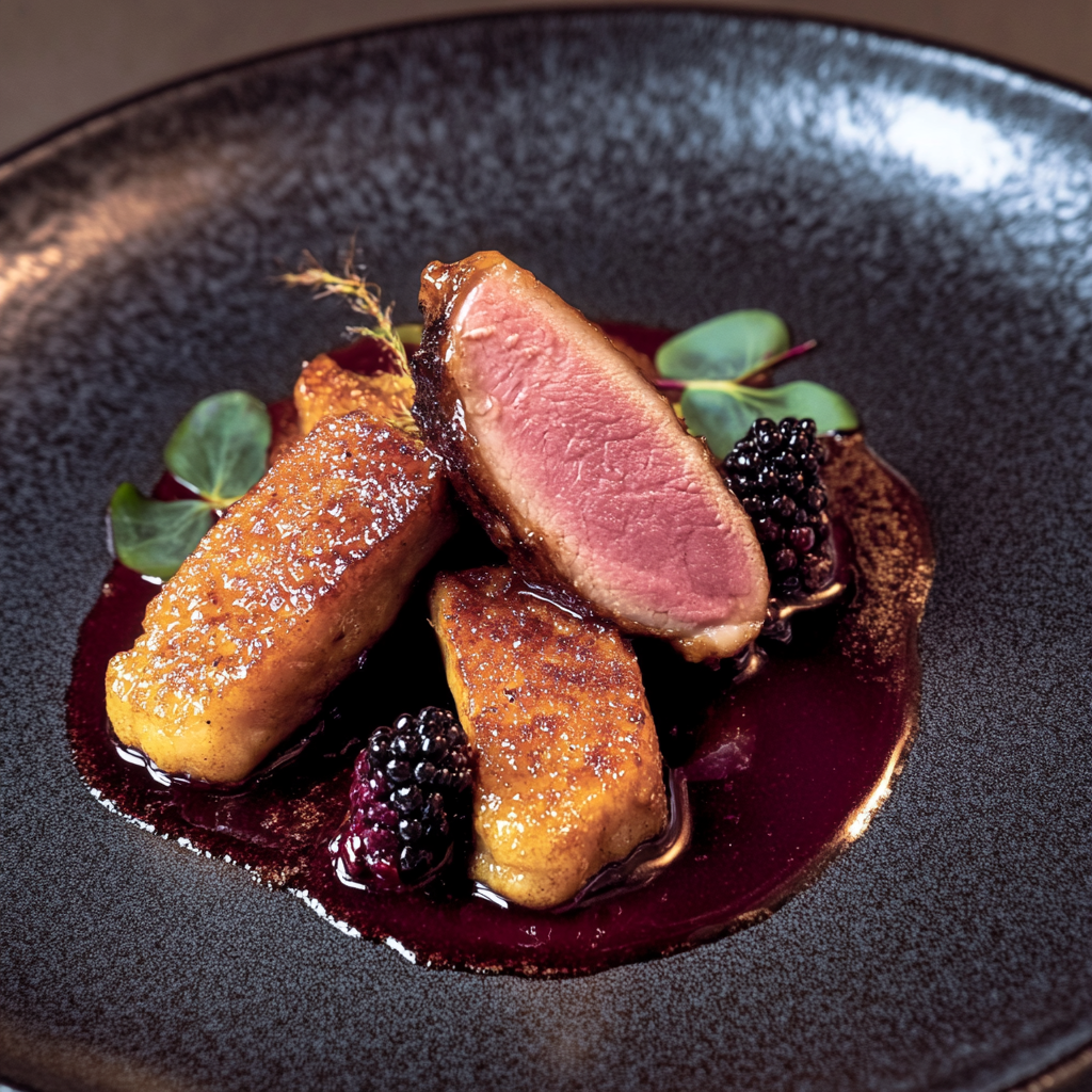 Recipe preparation for Crispy Duck Confit with Blackberry Reduction