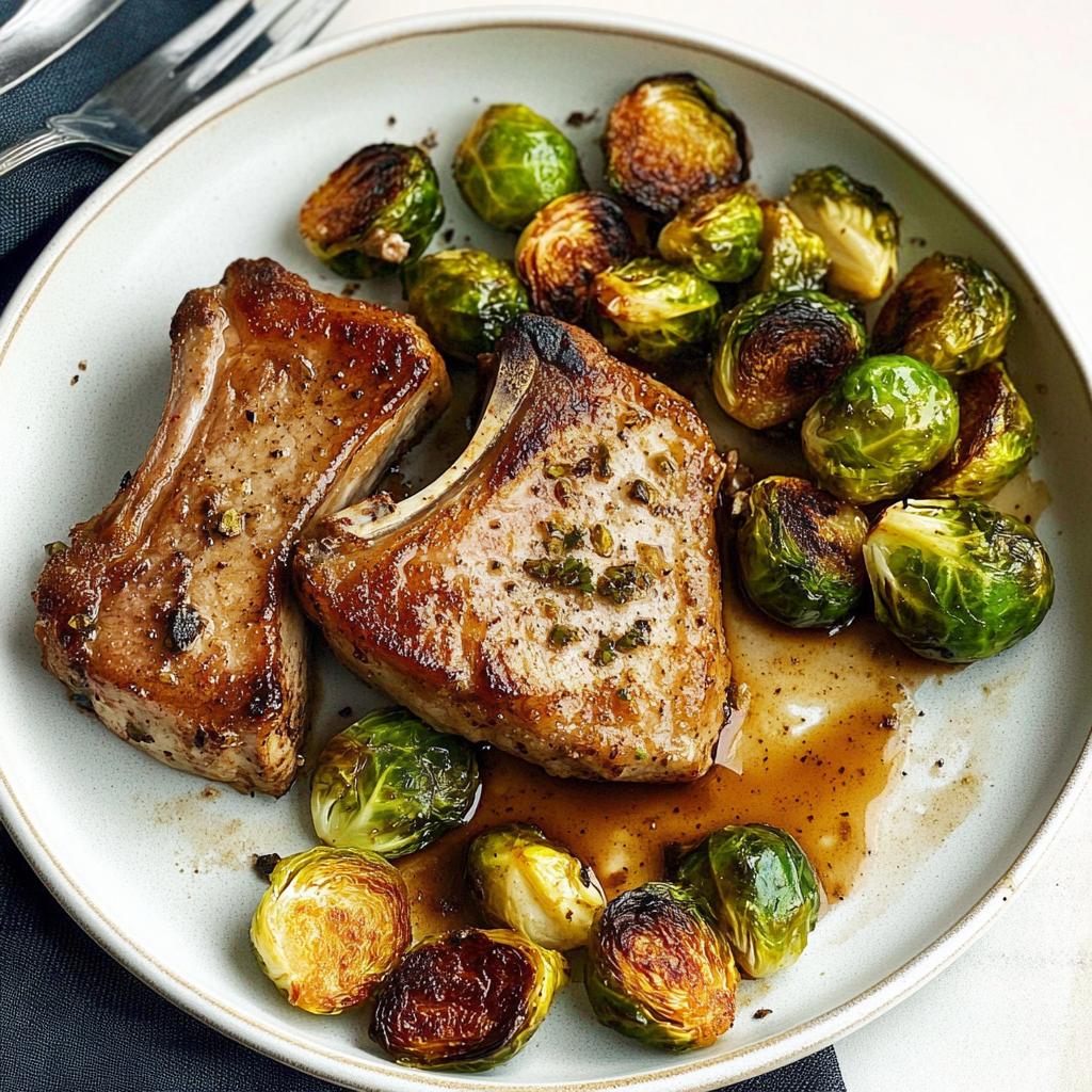 Recipe preparation for Sheet Pan Maple-Balsamic Brussels Sprouts & Pork Chops