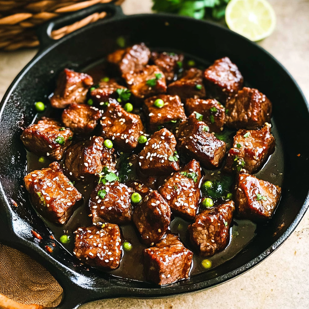 Recipe preparation for 30-Minute Honey Garlic Steak Bites with Crispy Sesame