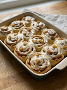 A batch of freshly baked apple cinnamon rolls topped with a generous layer of white icing.