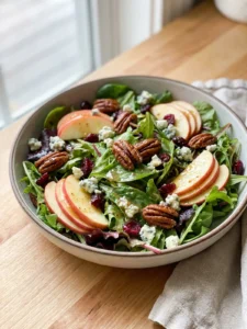 A large white bowl filled with apple pecan salad with mixed greens and apples.