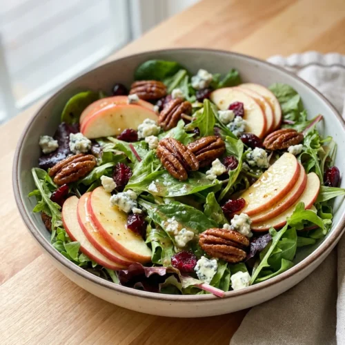 A large white bowl filled with apple pecan salad with mixed greens and apples.