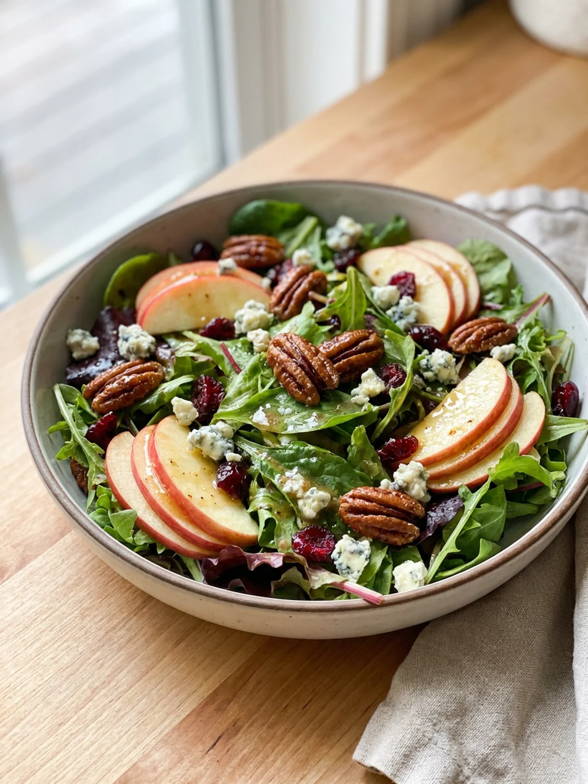A large white bowl filled with apple pecan salad with mixed greens and apples.