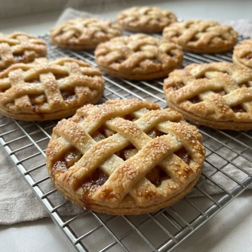 A stack of several apple pie cookies, showing the flaky crust and apple filling.