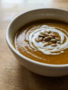 A close-up of a ceramic bowl filled with creamy orange squash soup.