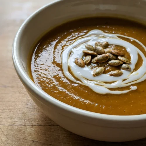 A close-up of a ceramic bowl filled with creamy orange squash soup.