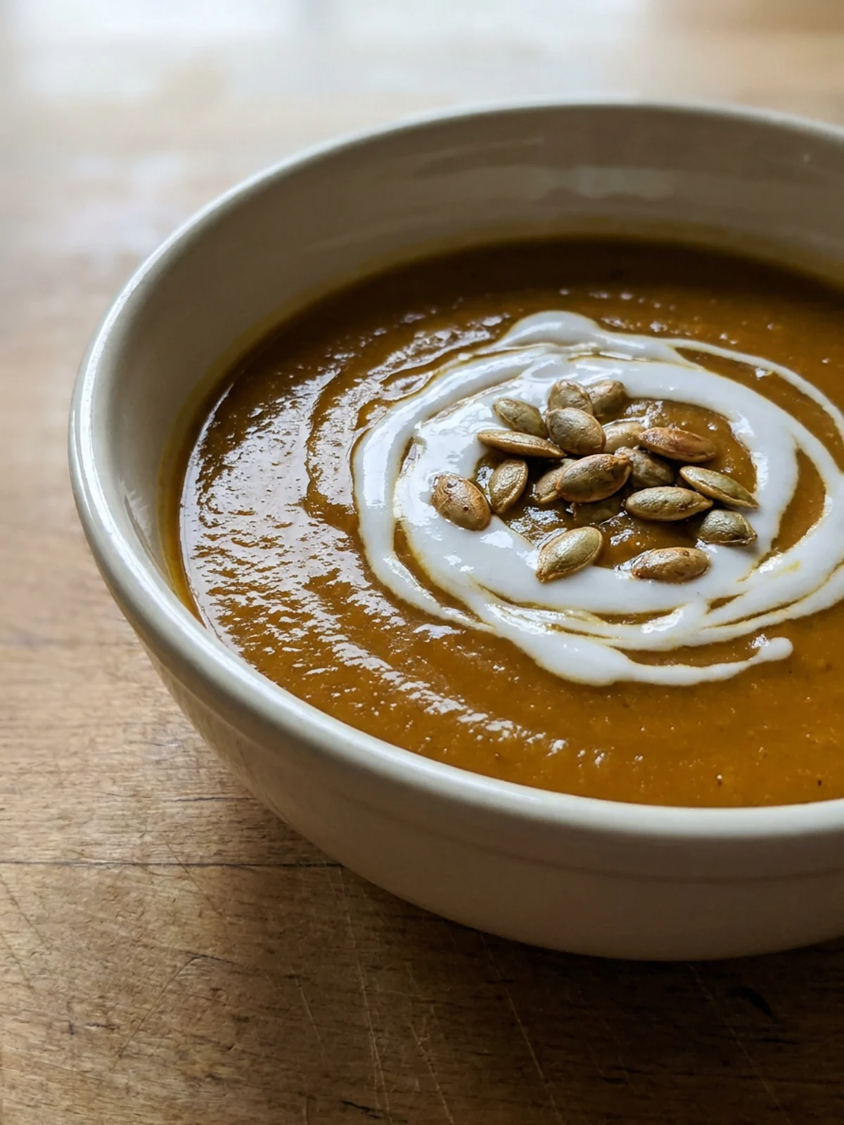 A close-up of a ceramic bowl filled with creamy orange squash soup.