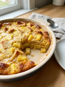 A spoonful of pineapple casserole being lifted from the baking dish, showing its soft interior.