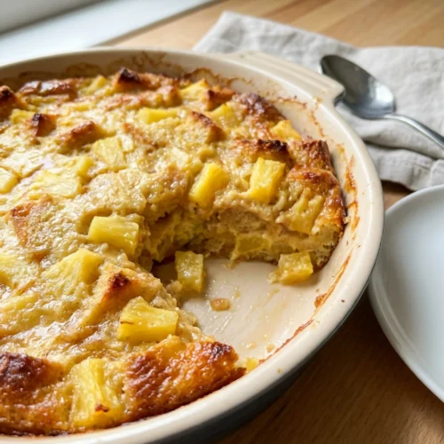 A spoonful of pineapple casserole being lifted from the baking dish, showing its soft interior.