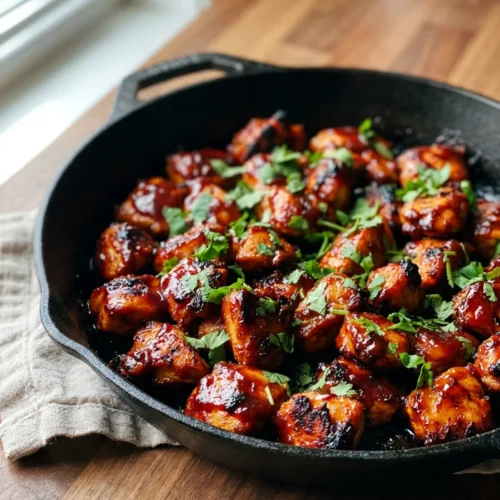 A white bowl filled with glossy BBQ chicken bites, garnished with chopped green onions.