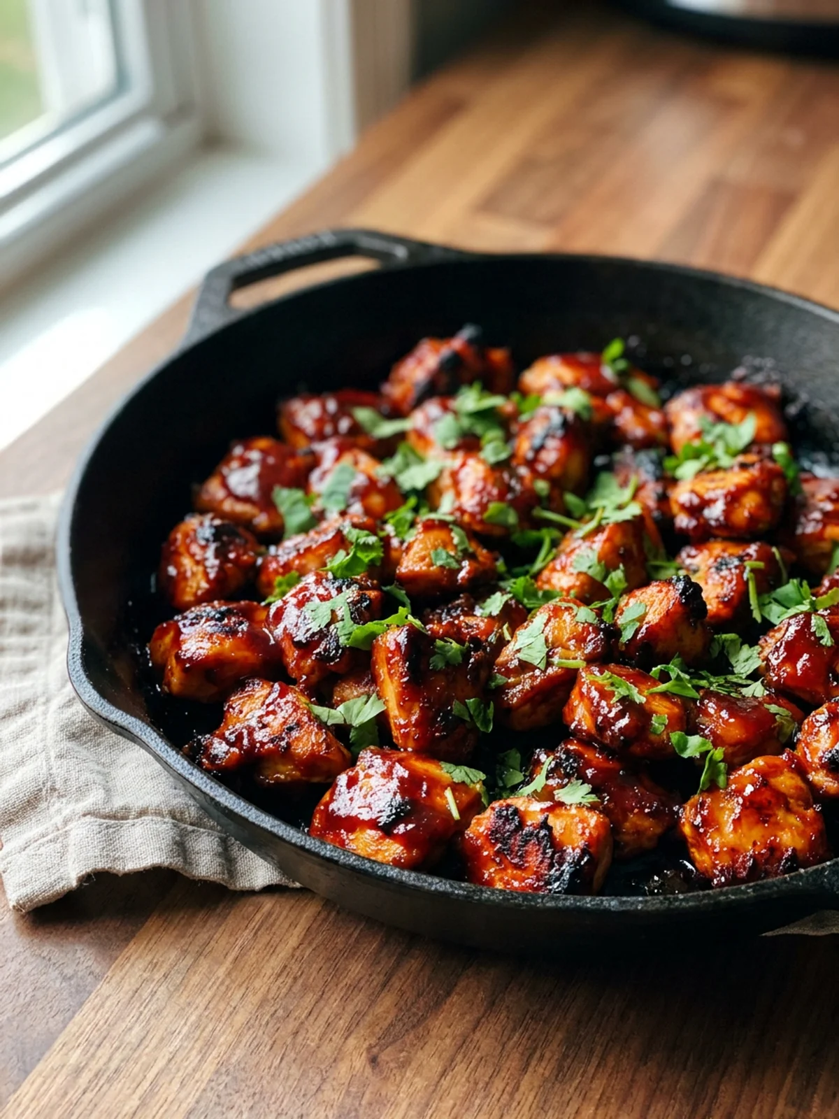 A white bowl filled with glossy BBQ chicken bites, garnished with chopped green onions.