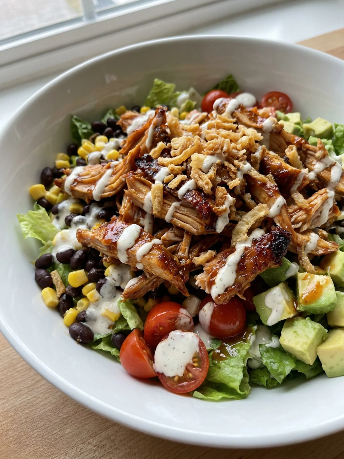 Four bowls of colorful BBQ chicken salad ready to be served for dinner.