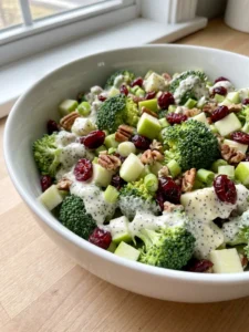A spoonful of broccoli cranberry salad being lifted from a serving bowl.