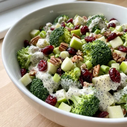 A spoonful of broccoli cranberry salad being lifted from a serving bowl.