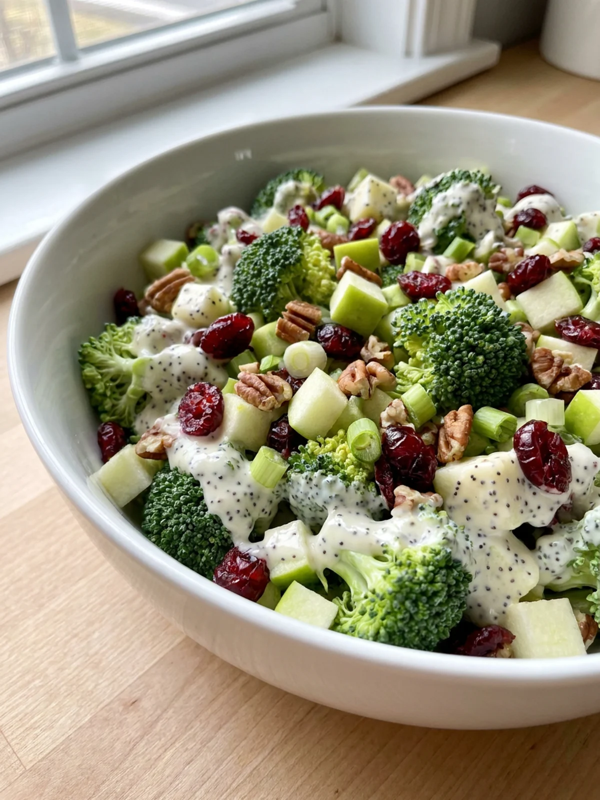 A spoonful of broccoli cranberry salad being lifted from a serving bowl.