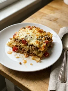 A close up shot of a slice of cabbage roll casserole on a fork.