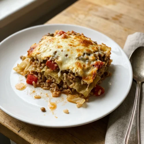 A close up shot of a slice of cabbage roll casserole on a fork.