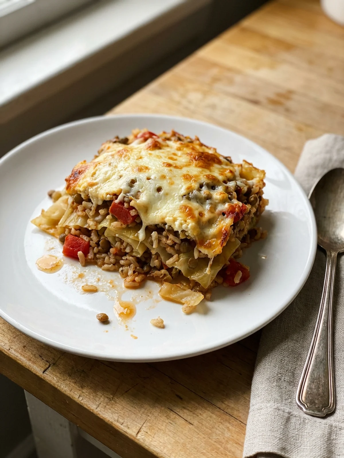 A close up shot of a slice of cabbage roll casserole on a fork.