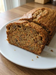 A whole baked carrot banana loaf cake cooling on a metal rack.