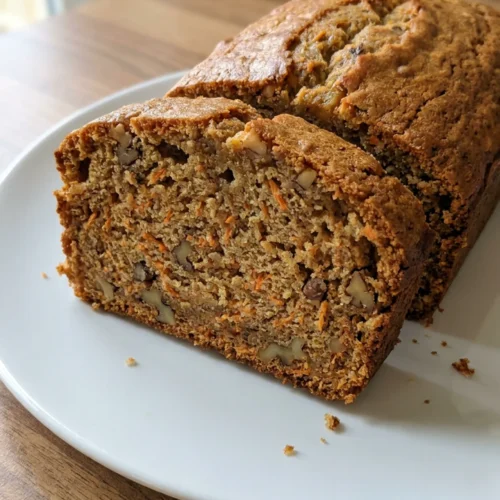 A whole baked carrot banana loaf cake cooling on a metal rack.