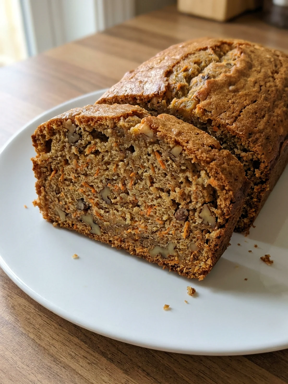 A whole baked carrot banana loaf cake cooling on a metal rack.