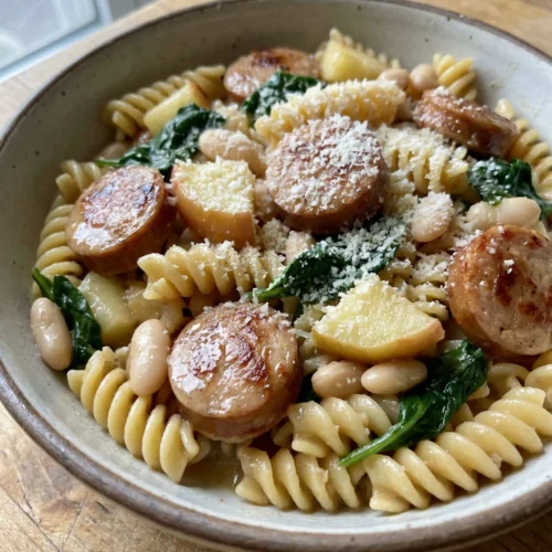 A close-up shot of rotini pasta with sausage, apple, and spinach.