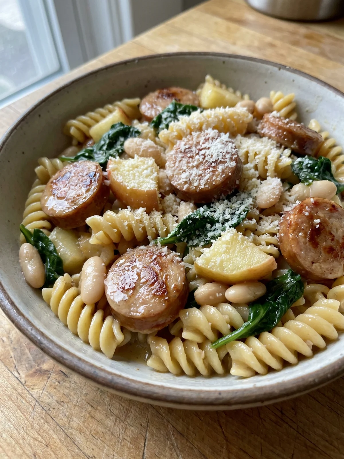 A close-up shot of rotini pasta with sausage, apple, and spinach.