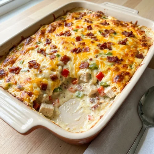 A fork lifting a bite of chicken, bacon, and peppers coated in creamy sauce from a plate.