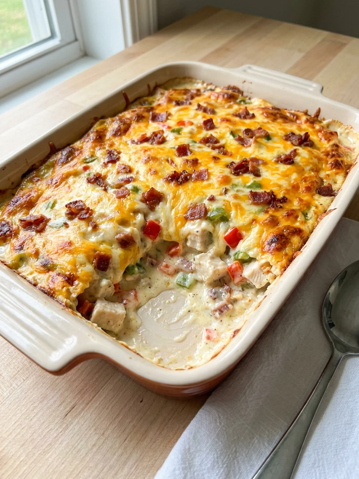 A fork lifting a bite of chicken, bacon, and peppers coated in creamy sauce from a plate.