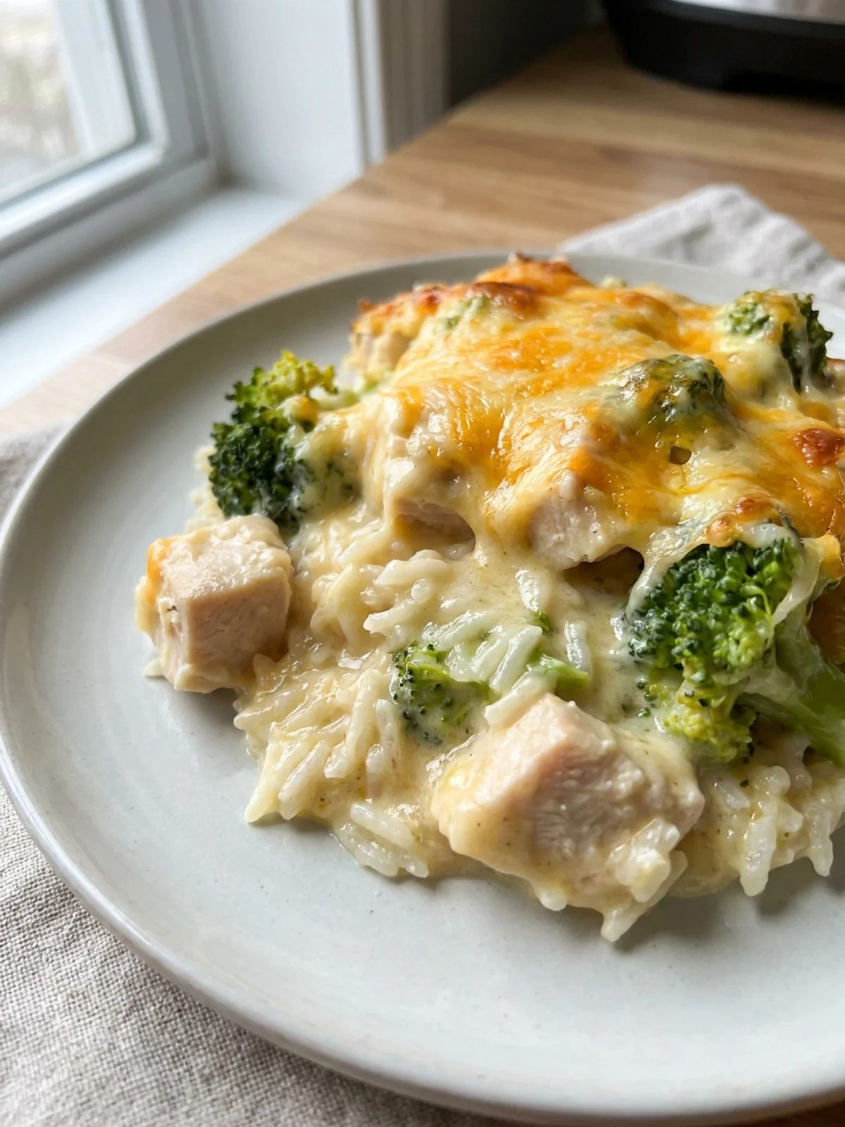 A serving of golden-brown baked chicken and rice casserole on a white plate.