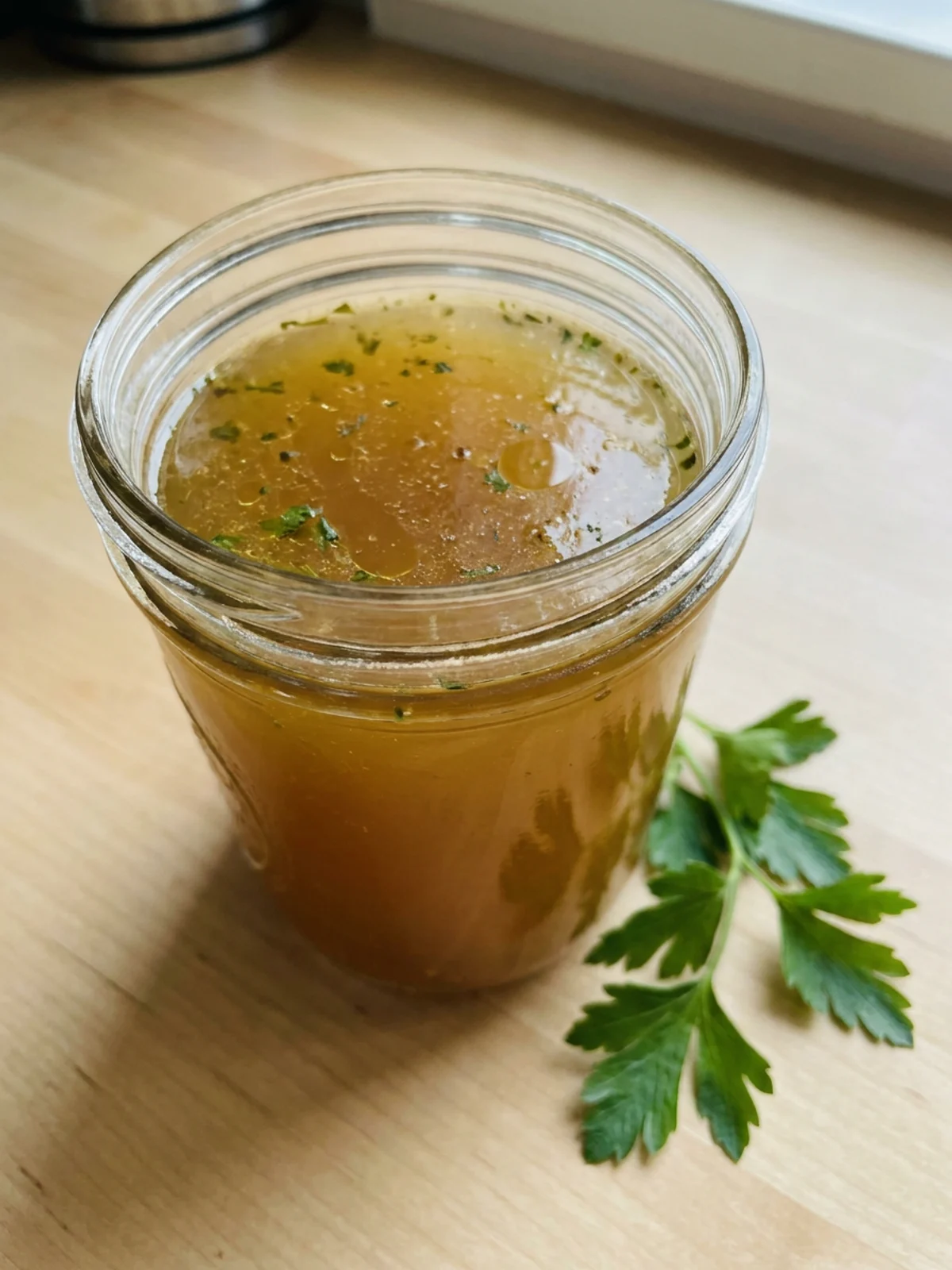 A large glass jar filled with finished golden chicken broth on a kitchen counter.