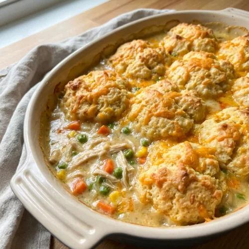 A scoop of chicken cobbler casserole showing the creamy filling and tender chicken.