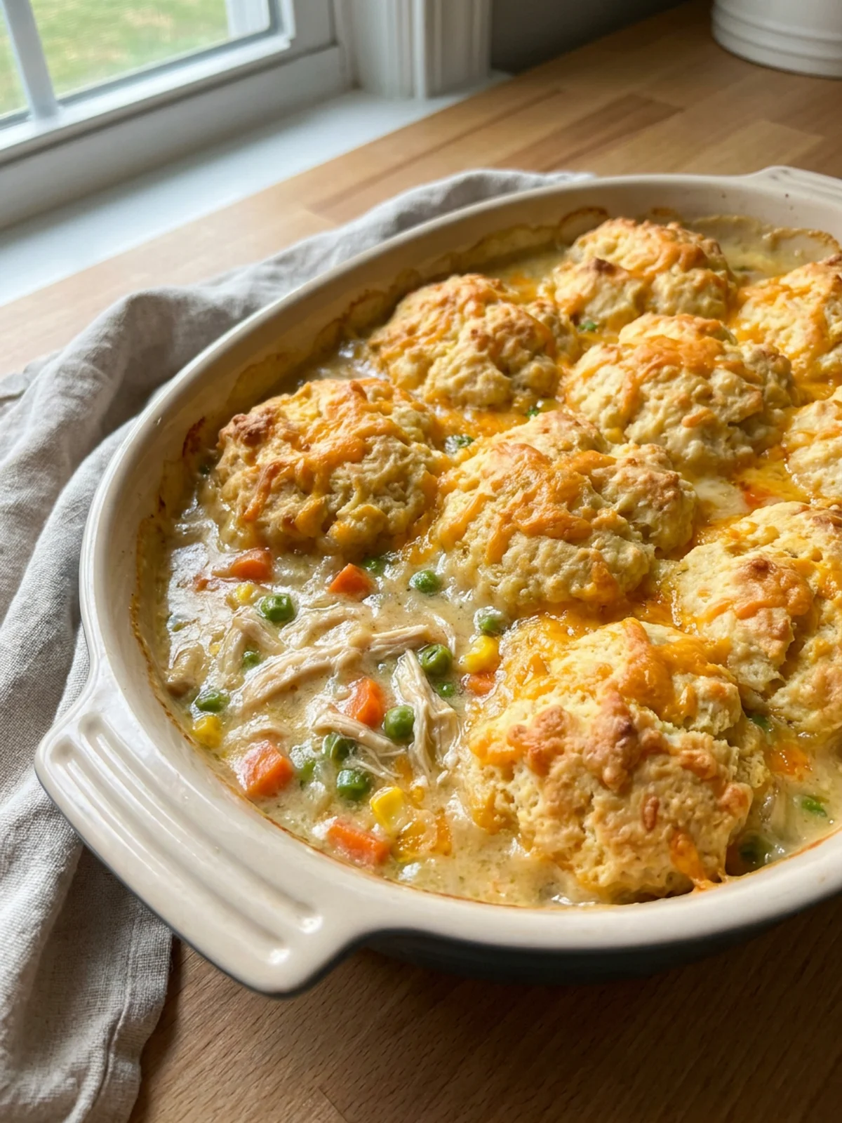 A scoop of chicken cobbler casserole showing the creamy filling and tender chicken.