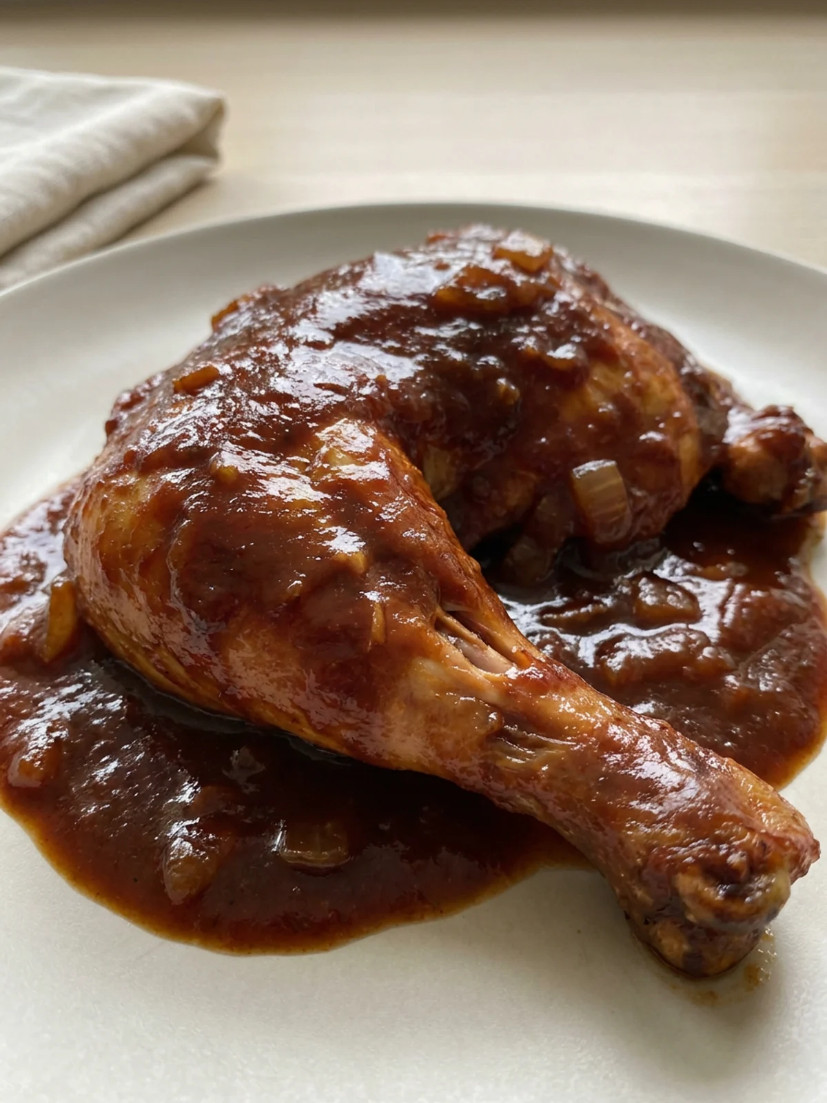 A bowl of homemade barbecue sauce next to measuring spoons with paprika and chili powder.