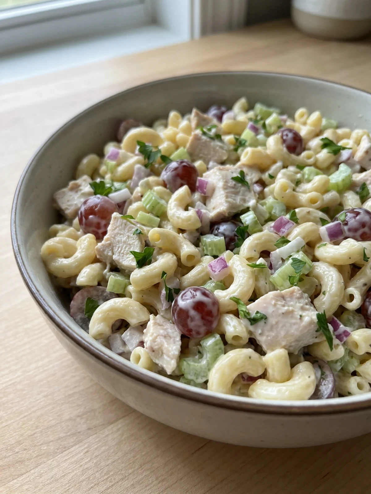 A spoonful of chicken pasta salad being lifted from a bowl, ready to eat.