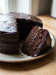 A close-up photograph of a slice of chocolate carrot cake with dark chocolate frosting.