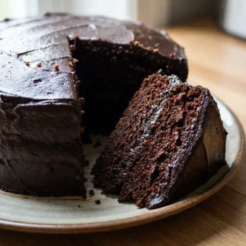 A close-up photograph of a slice of chocolate carrot cake with dark chocolate frosting.