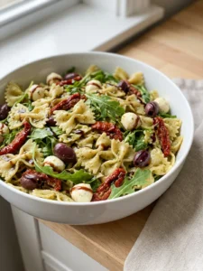 A close-up of a serving spoon scooping Christmas pasta salad from a bowl.