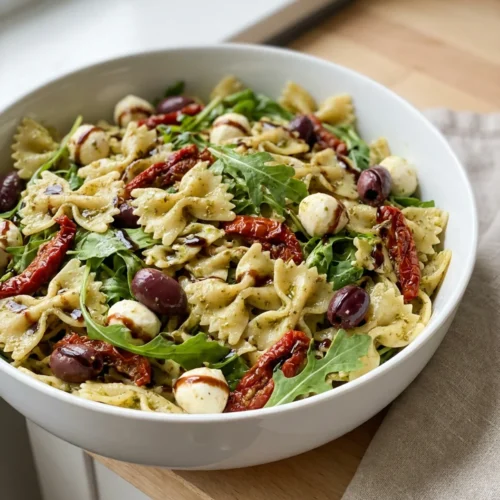 A close-up of a serving spoon scooping Christmas pasta salad from a bowl.