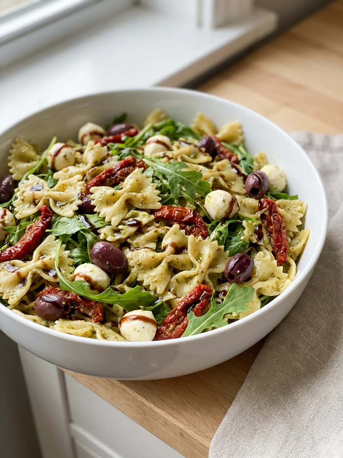 A close-up of a serving spoon scooping Christmas pasta salad from a bowl.