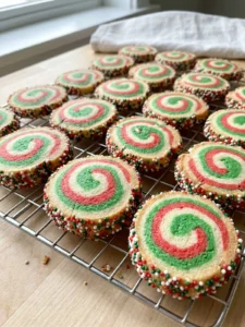 An overhead view of a baking sheet with freshly baked, colorful pinwheel cookies.