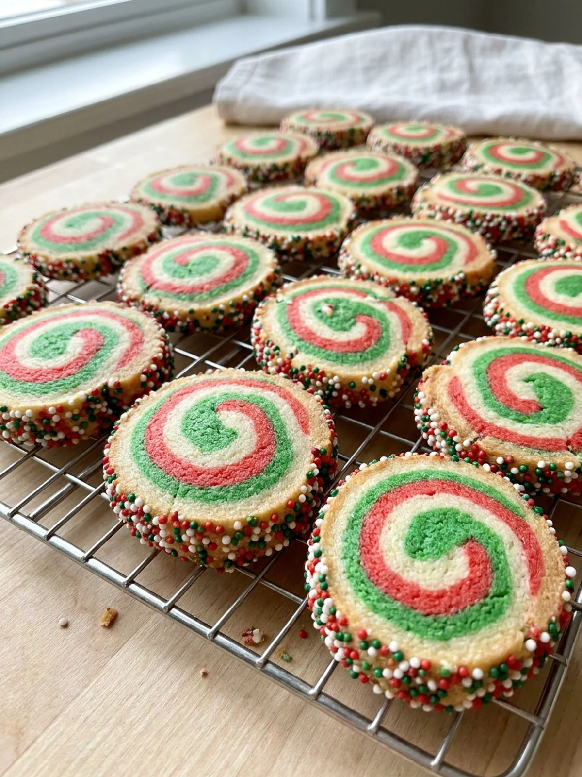 An overhead view of a baking sheet with freshly baked, colorful pinwheel cookies.