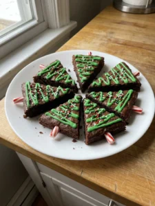 A platter filled with festive Christmas tree brownies arranged on a holiday-themed tablecloth.