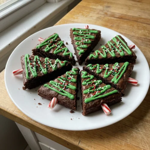A platter filled with festive Christmas tree brownies arranged on a holiday-themed tablecloth.
