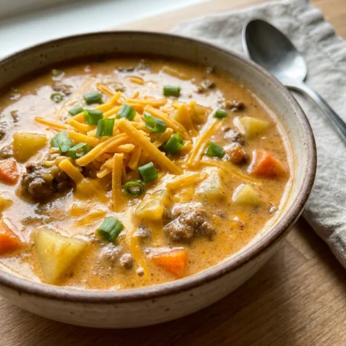 A close-up of a spoonful of cheeseburger soup showing ground beef and potatoes.