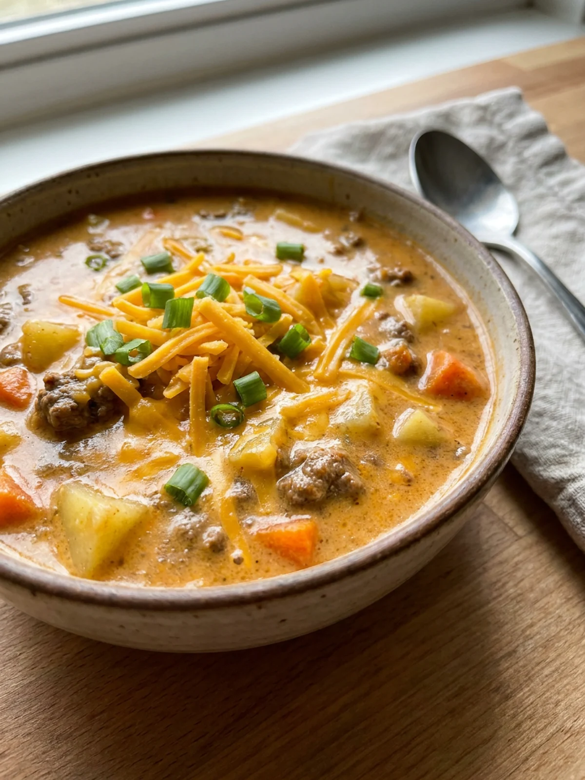 A close-up of a spoonful of cheeseburger soup showing ground beef and potatoes.