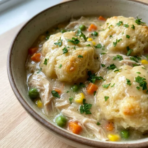 A close-up spoonful of chicken and dumplings showing the creamy sauce and tender meat.