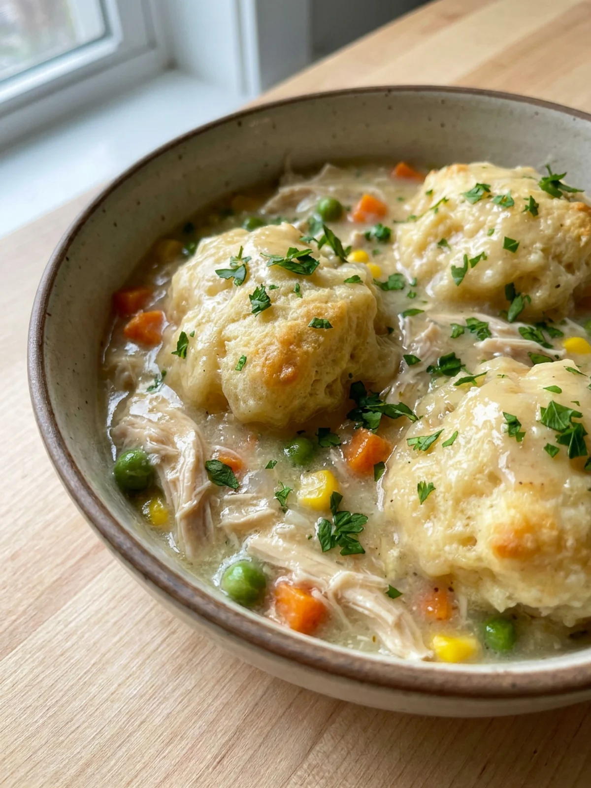 A close-up spoonful of chicken and dumplings showing the creamy sauce and tender meat.